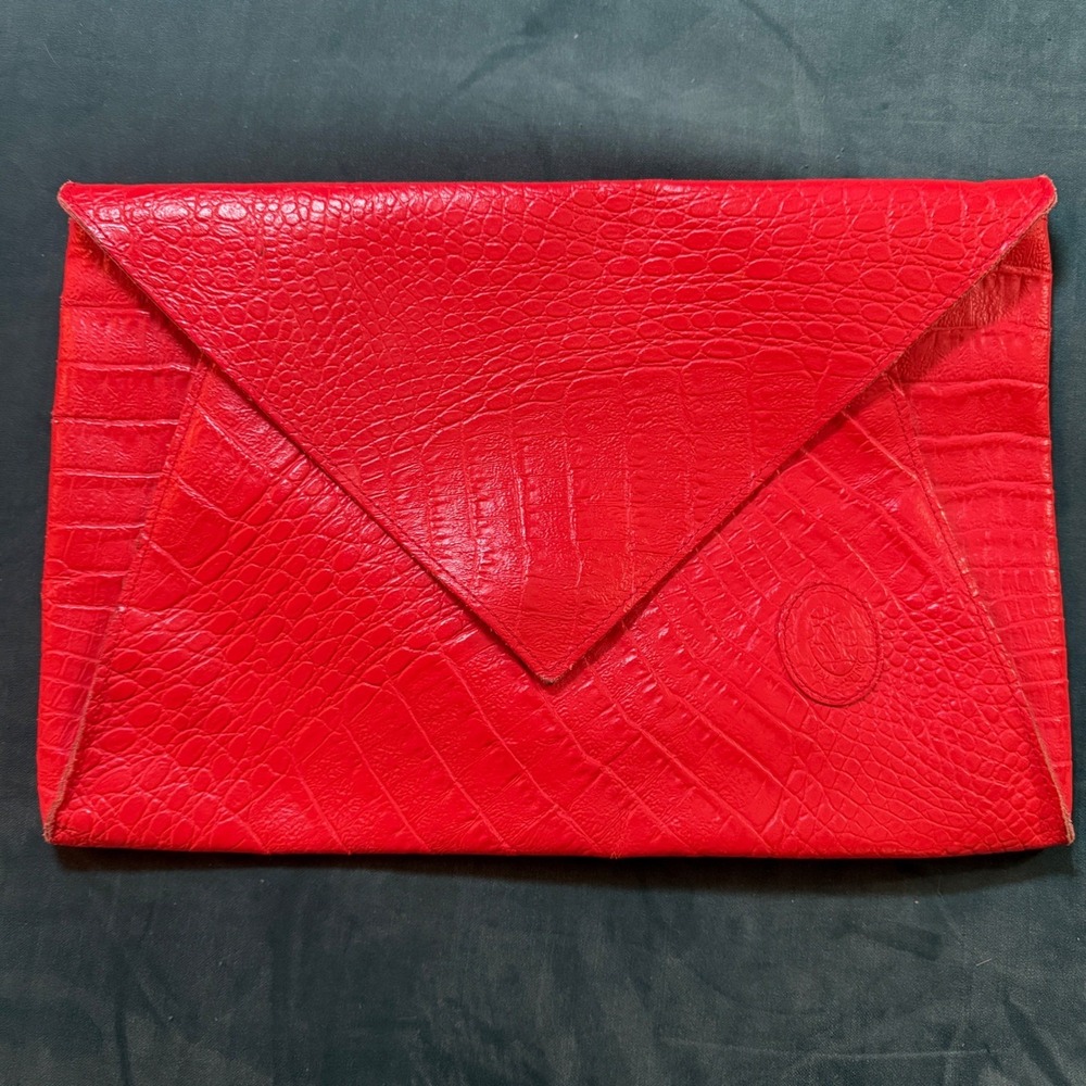 Vintage Valentino Red Embossed Leather Envelope‎ Clutch Laptop Sleeve 14" Bag